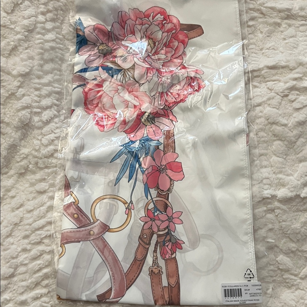 Equestrian Floral Print Scarf with Pink and Blue Accents made in Italy 🇮🇹